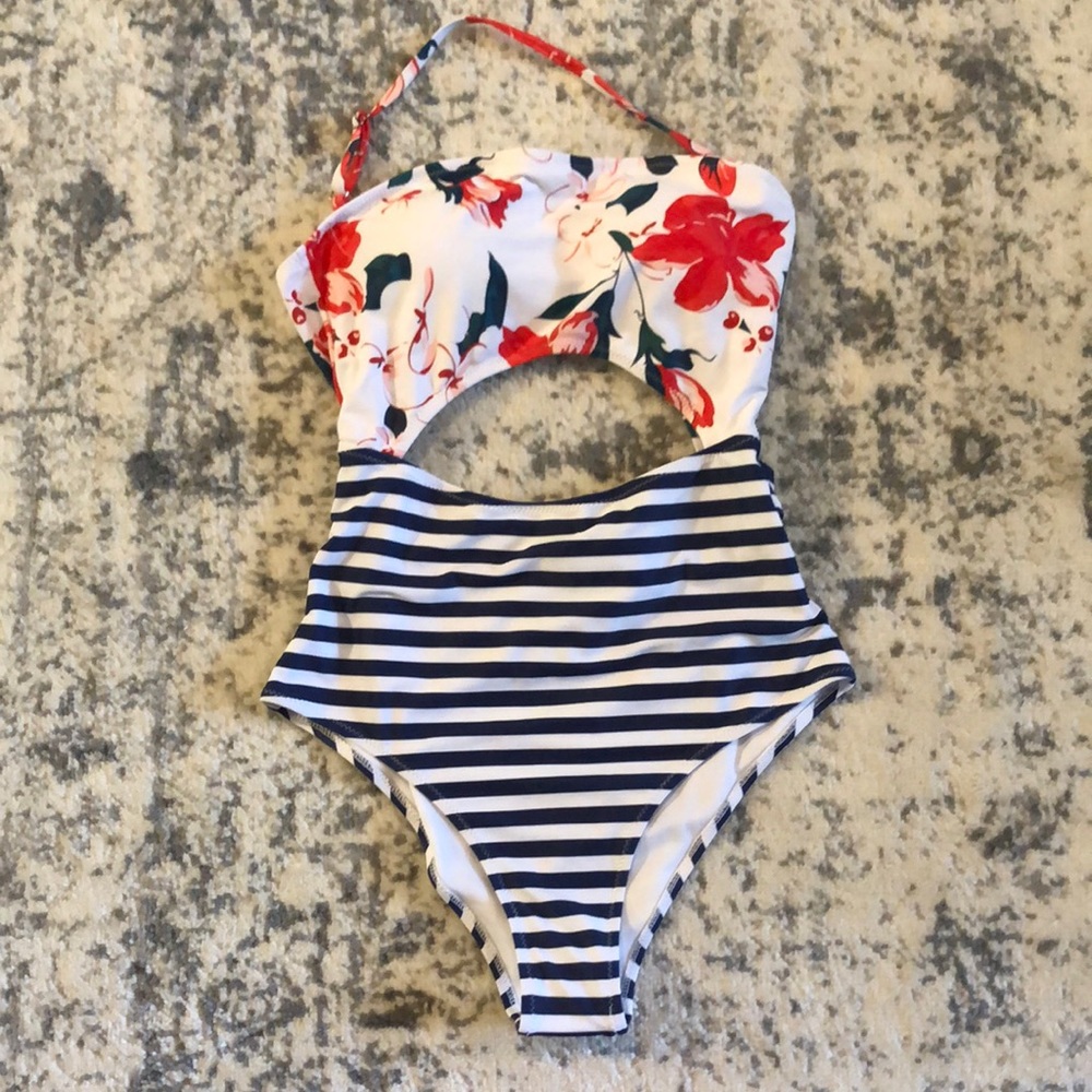 Floral & Stripe One Piece Swimsuit